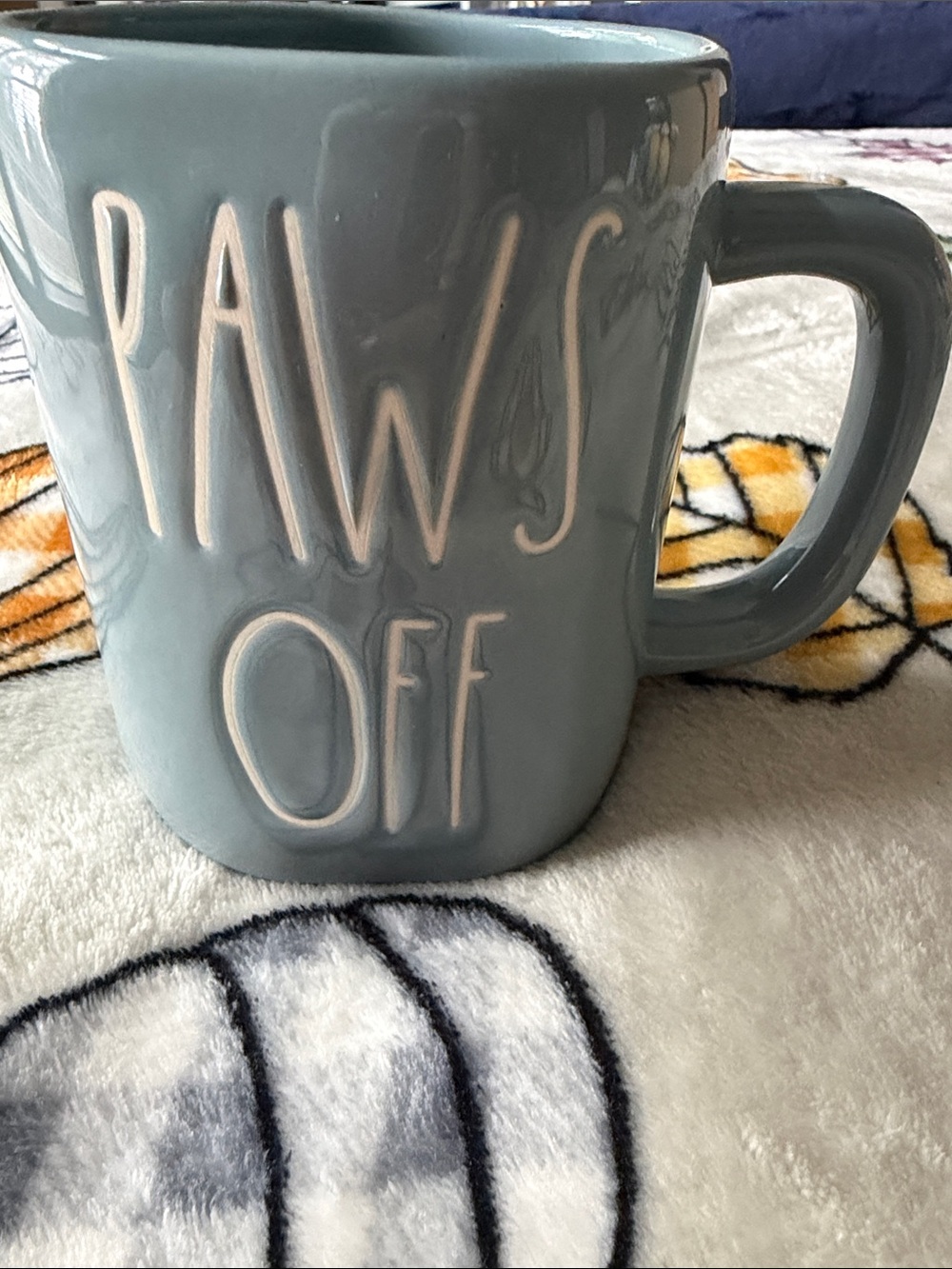 Rae Dunn PAWS OFF Embossed Ceramic Mug - Blue Gray